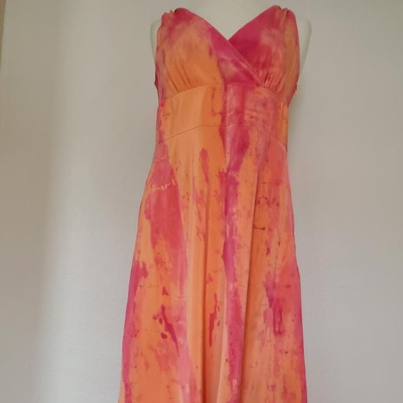 Silk Short Dress large 10 12 XL bridesmaid tie dyed party peach pink orange red